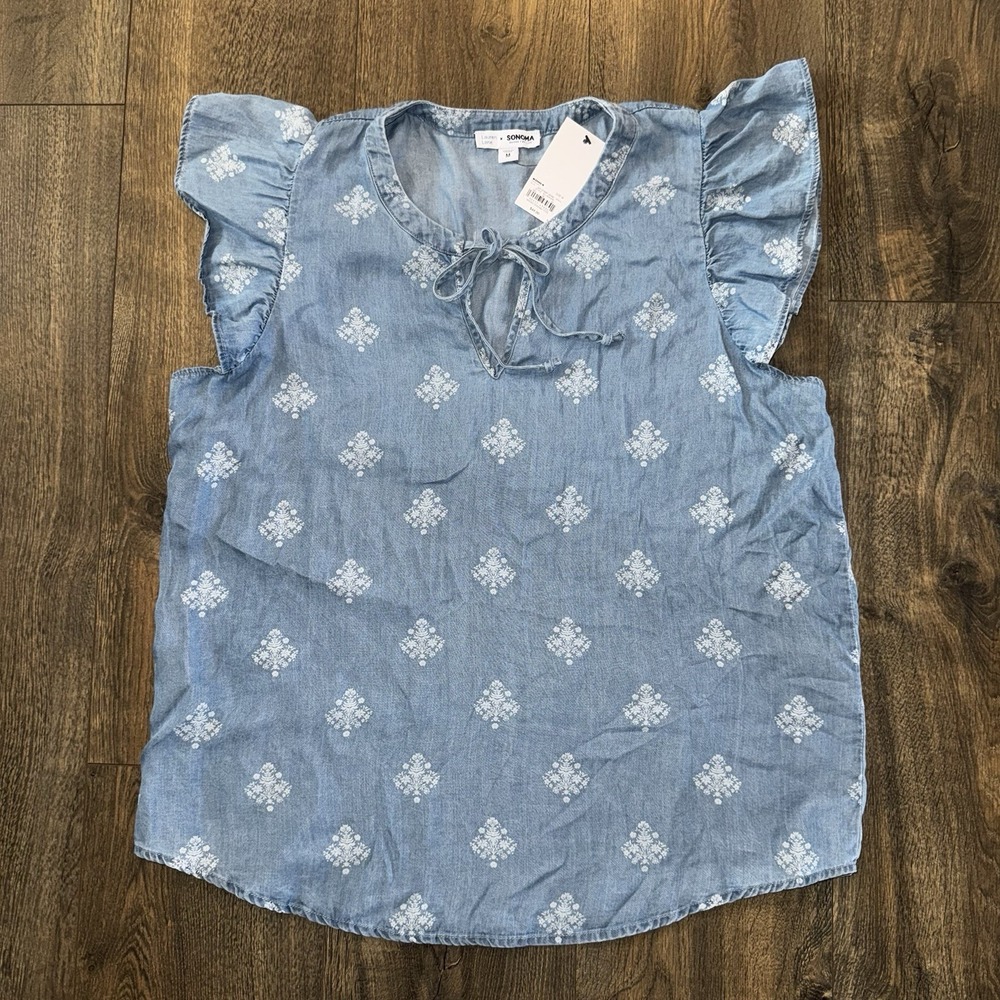NWT Sonoma Womens M Chambray Top Vintage Look Floral Shirt Ruffle Sleeve Peasant